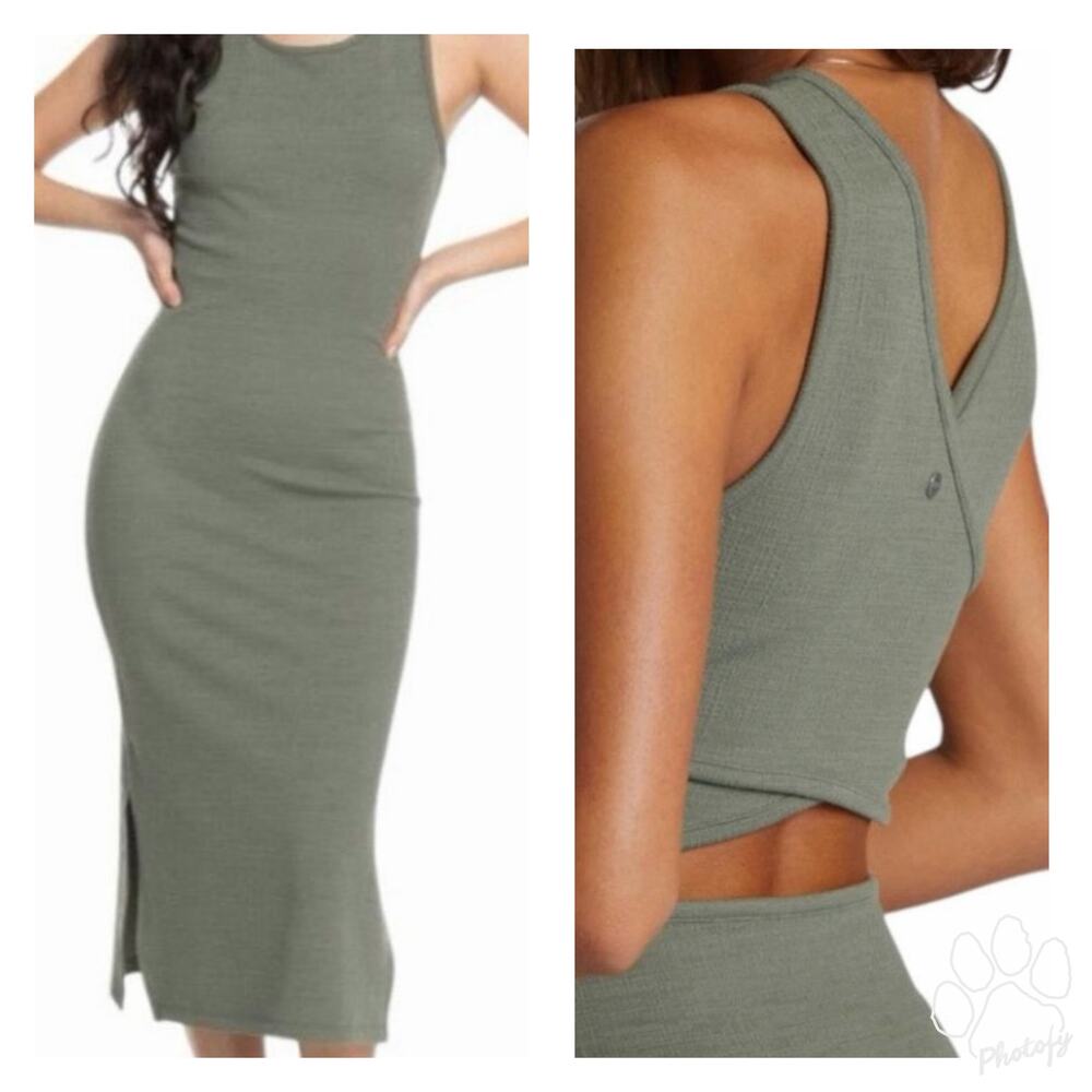 ROXY | Sage Green Criss-cross Open Back Tank Midi Dress Bodycon | Size Medium